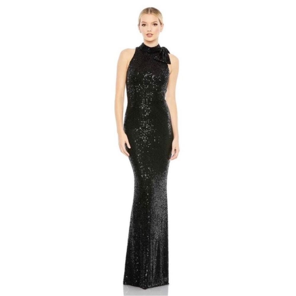 IEENA Mac Duggal 11280 Black Sequin Halter Maxi Gown Dress Size 10 NWT